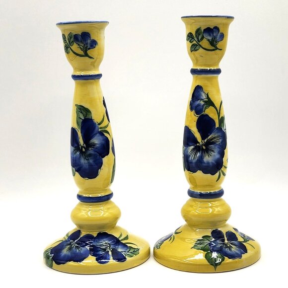 Candlesticks Andrea By Sadek French Country Yellow /Blue Violets Floral Ceramic - Picture 1 of 8